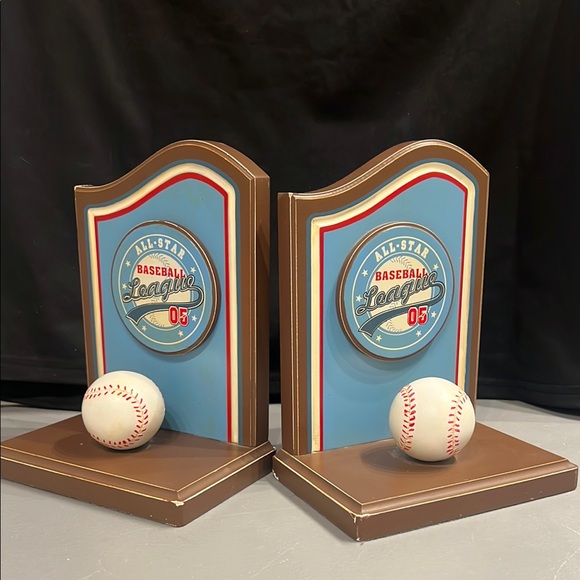 Vintage All-Star Baseball League Kid's Bookends sports decor - Brown and Blue - Picture 1 of 15